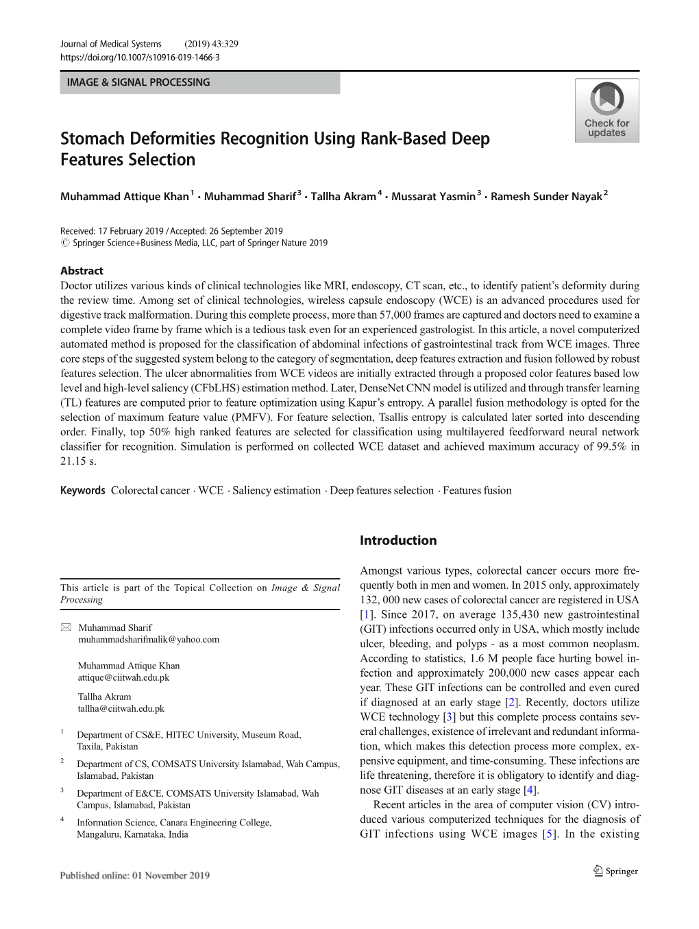 Stomach Deformities Recognition Using Rank-Based Deep Features Selection