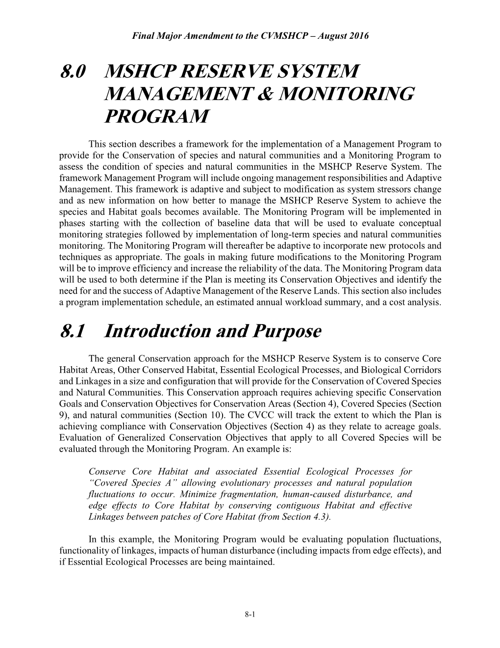 Section 8.0 MSHCP Reserve System Management and Monitoring Program