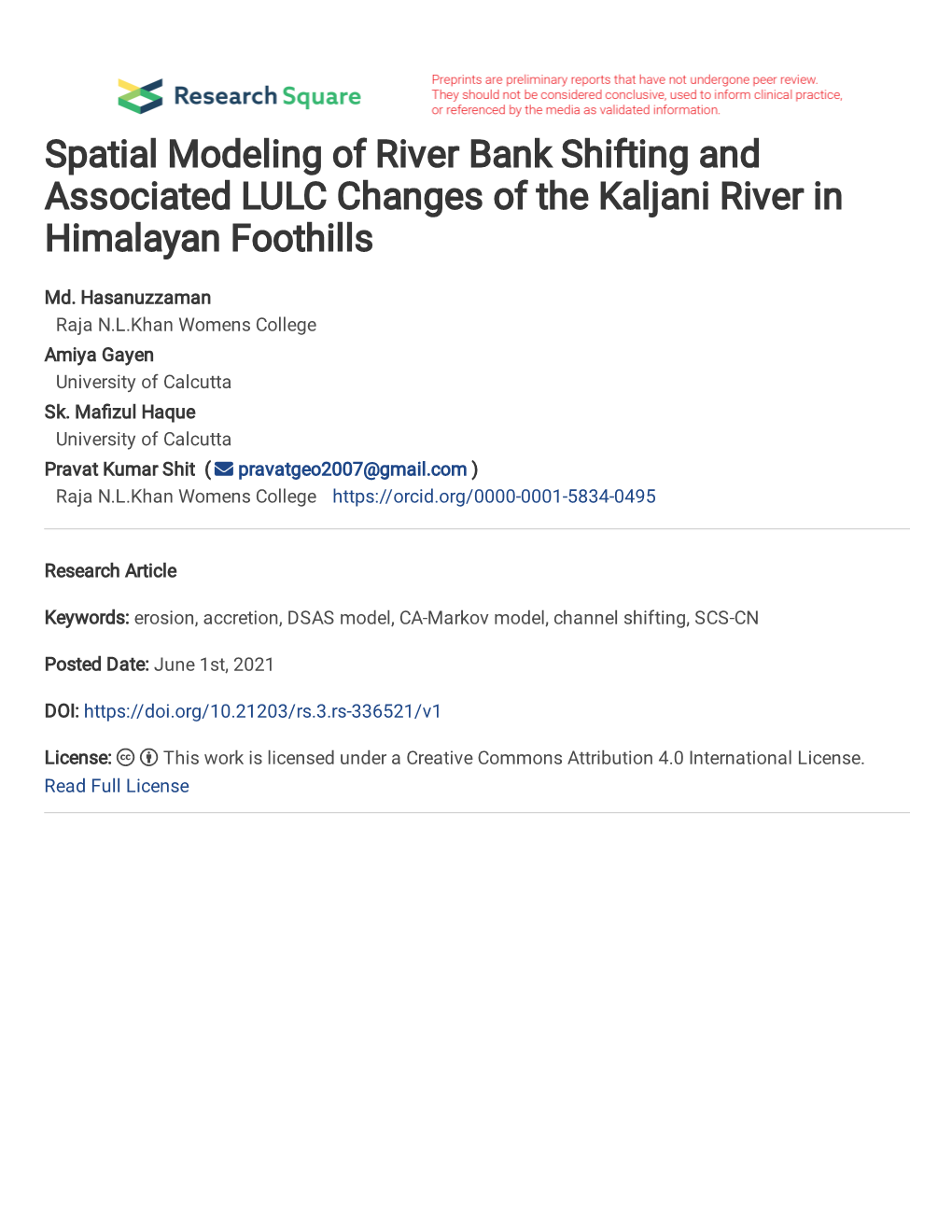 Spatial Modeling of River Bank Shifting and Associated LULC Changes of the Kaljani River in Himalayan Foothills