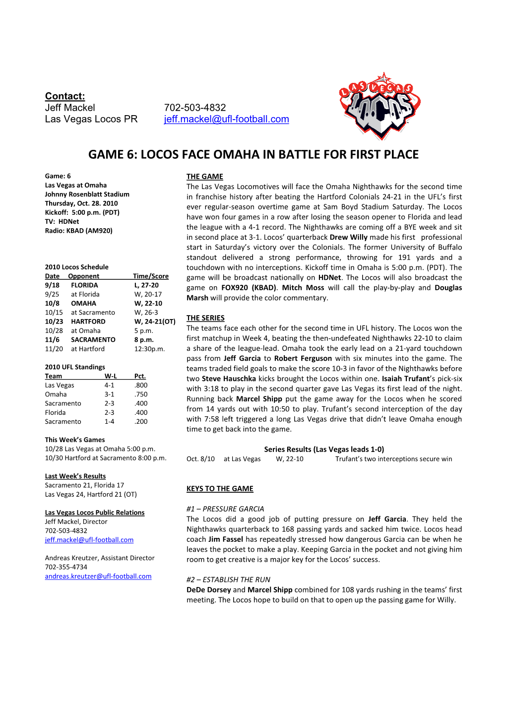 UFL Locos Game Notes Game 6