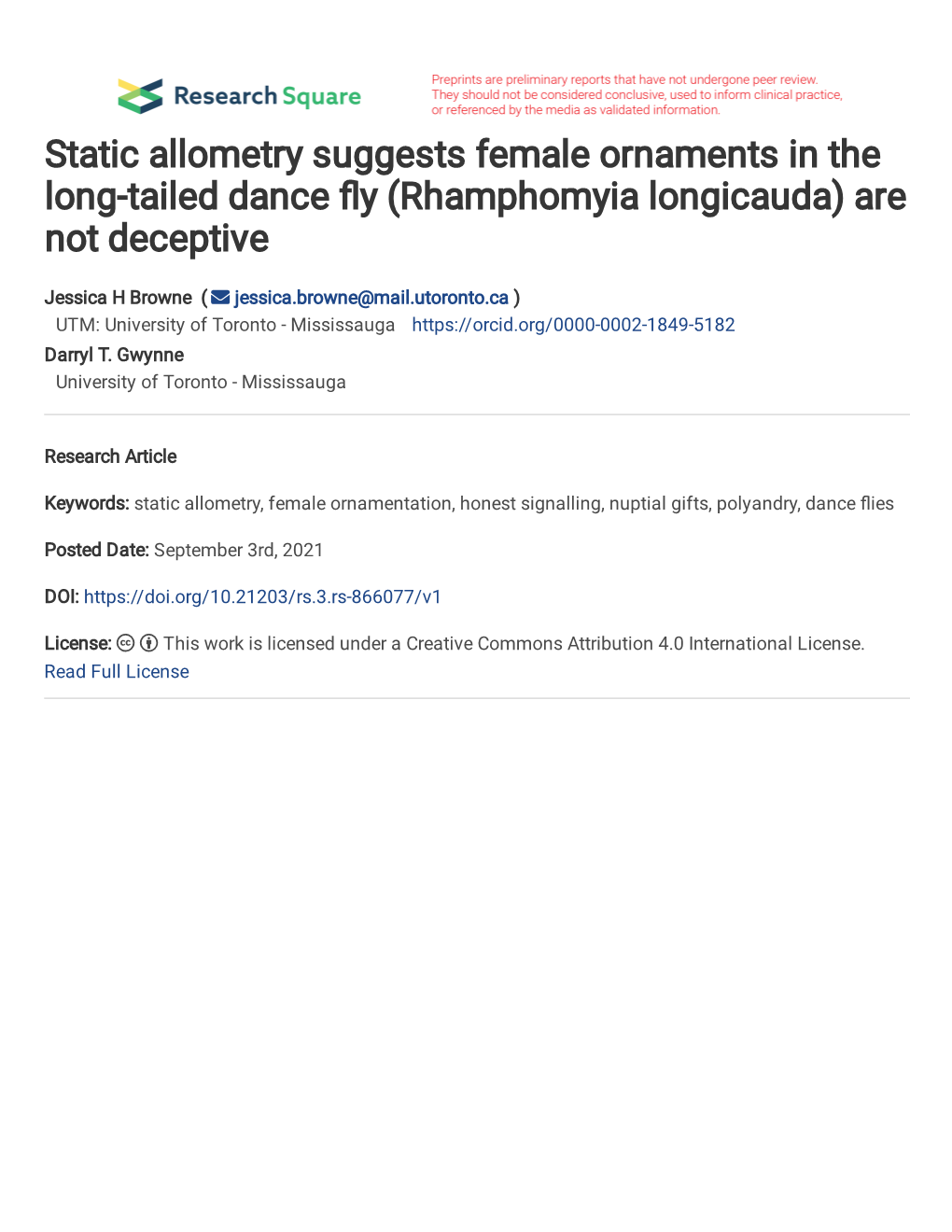 Static Allometry Suggests Female Ornaments in the Long-Tailed Dance Y