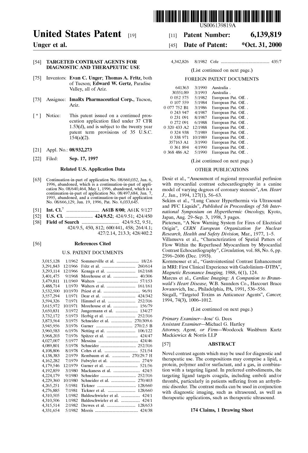 United States Patent (19) 11 Patent Number: 6,139,819 Unger Et Al