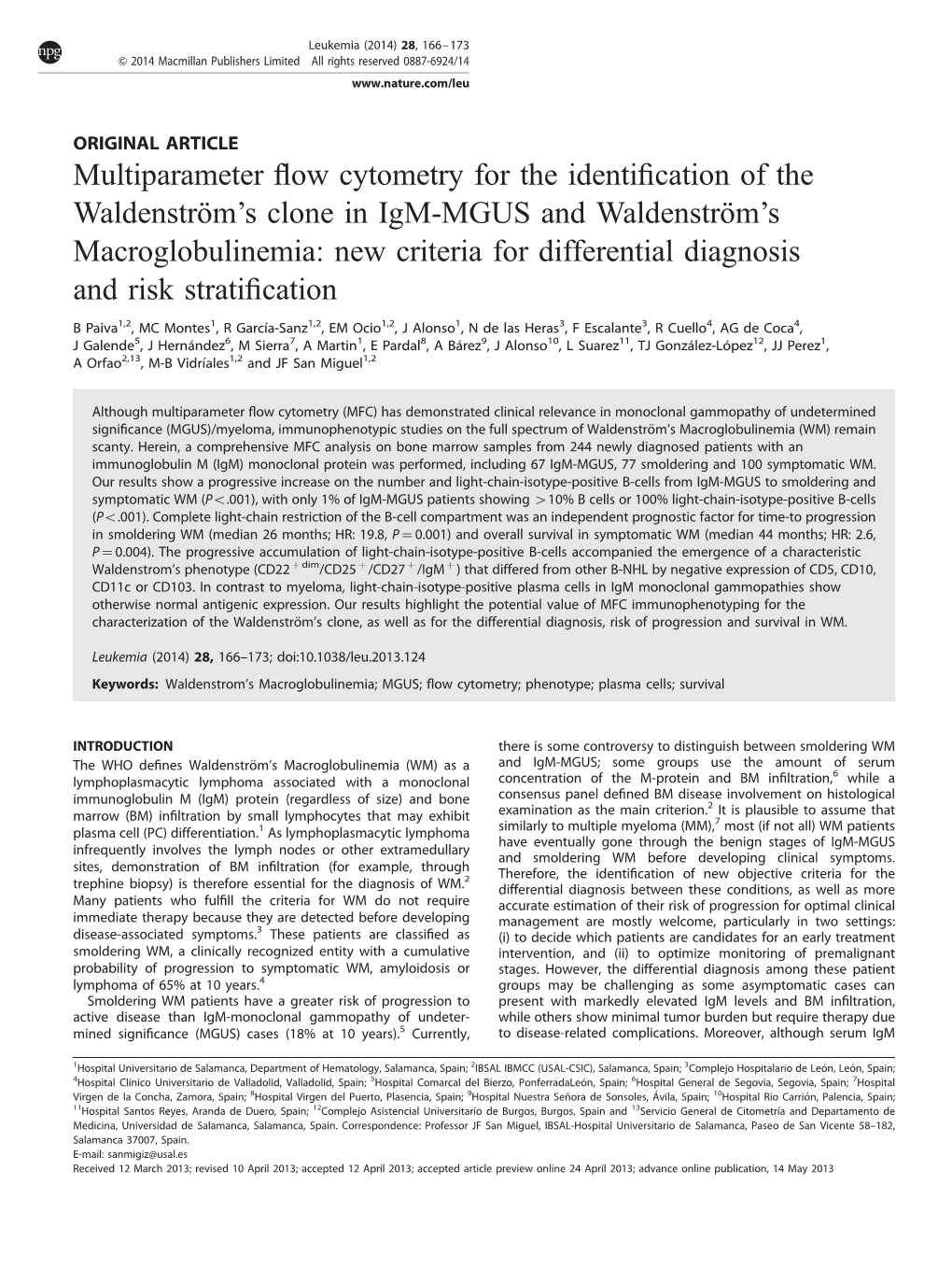 S Clone in Igm-MGUS and Waldenstro¨M’S Macroglobulinemia: New Criteria for Differential Diagnosis and Risk Stratiﬁcation