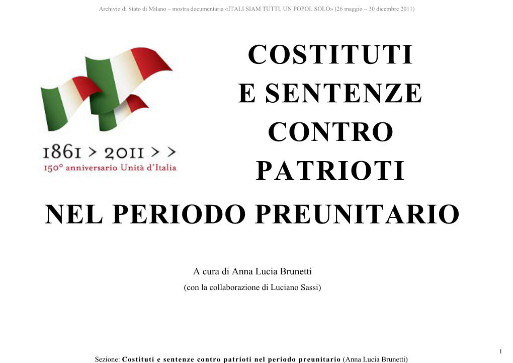 Costituti E Sentenze Contro Patrioti Nel Periodo Preunitario