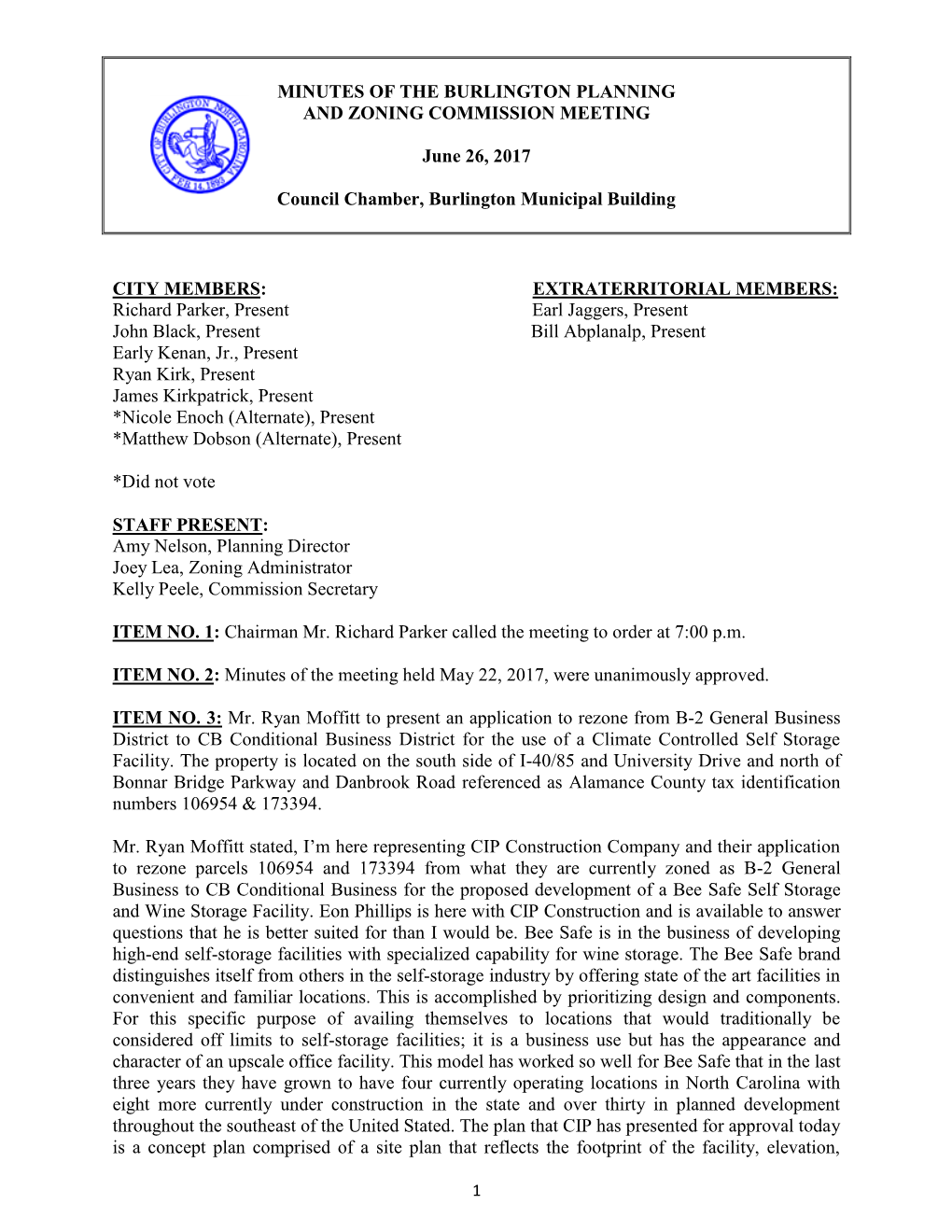 Minutes of the Burlington Planning and Zoning Commission Meeting