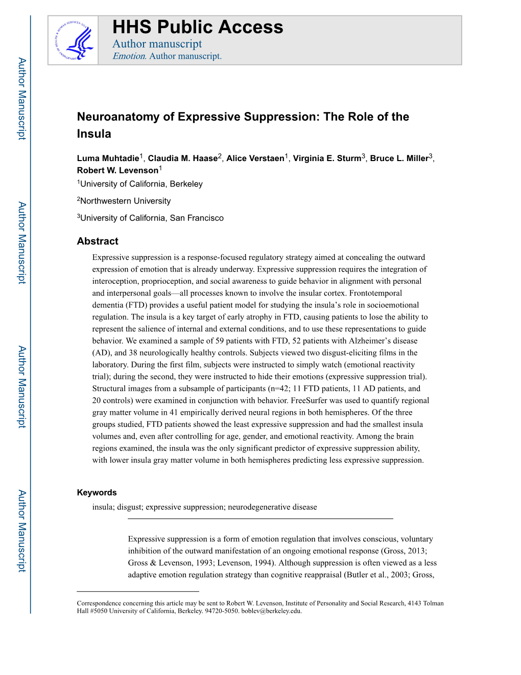 Neuroanatomy of Expressive Suppression: the Role of the Insula