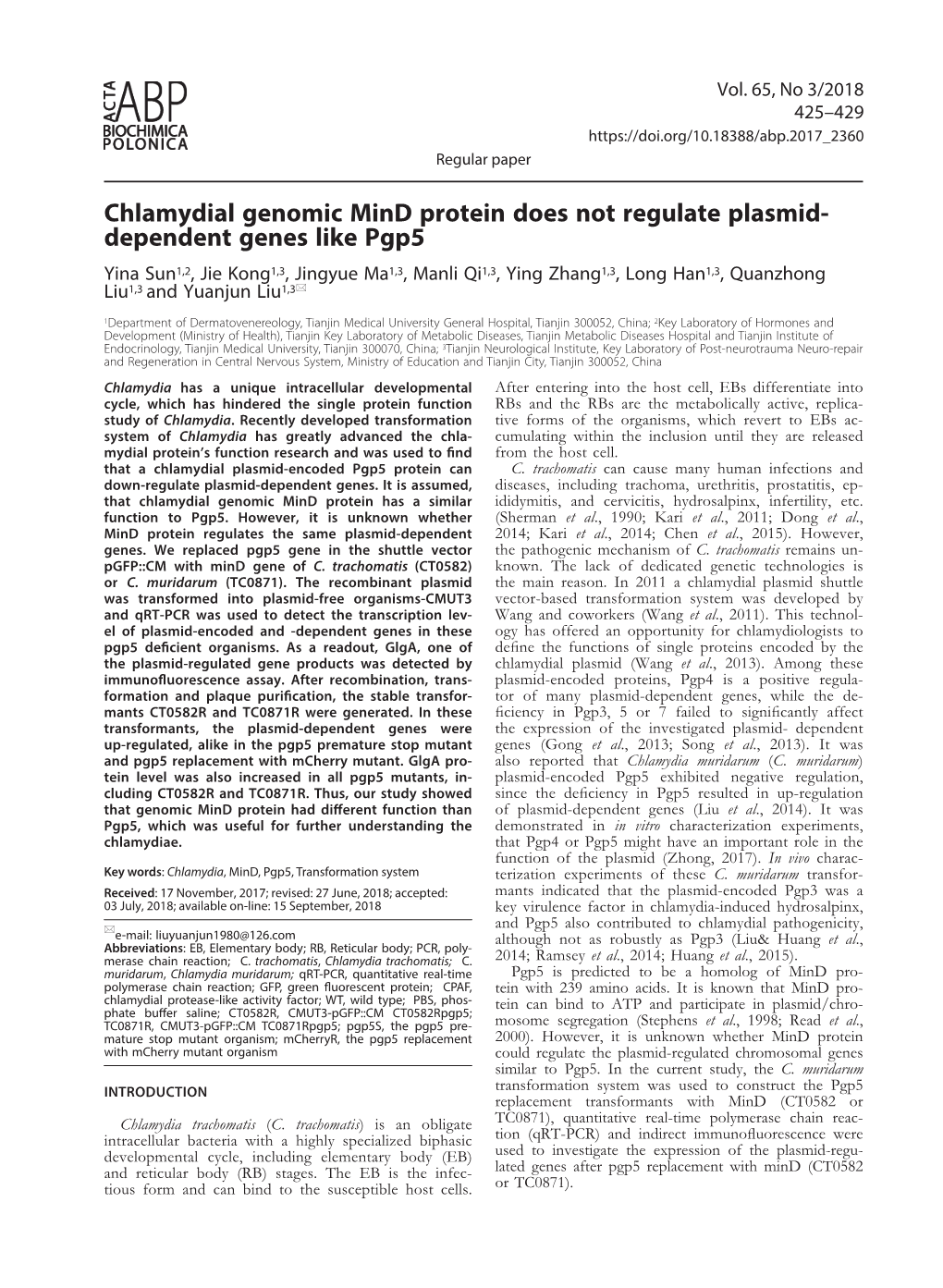 Chlamydial Genomic Mind Protein Does Not Regulate Plasmid