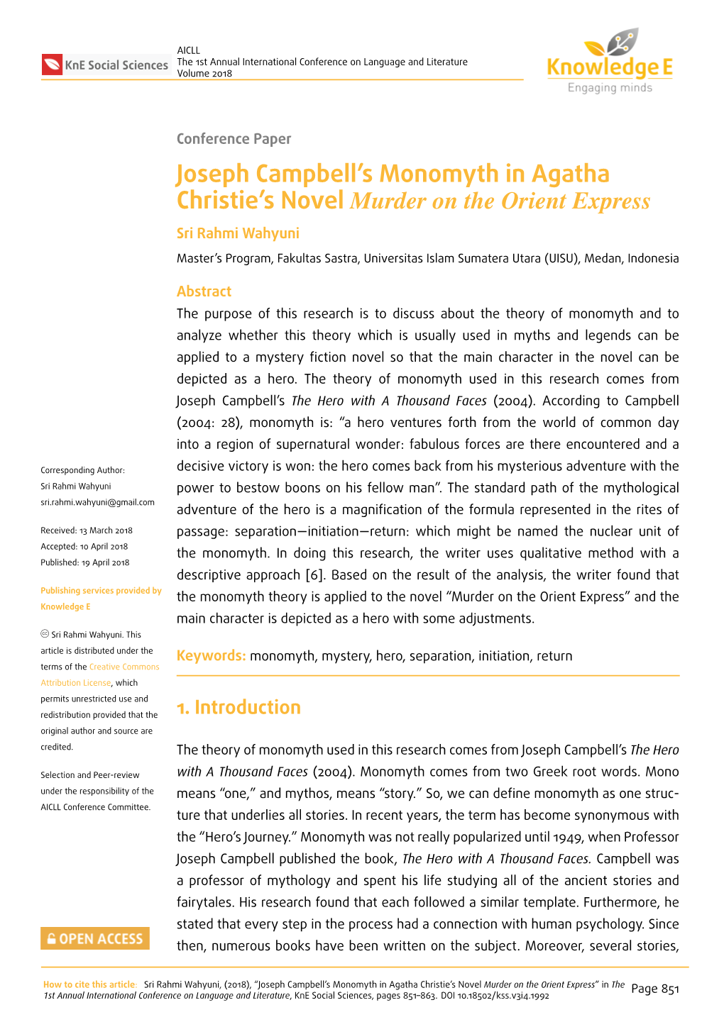 Joseph Campbell's Monomyth in Agatha Christie's Novel Murder On