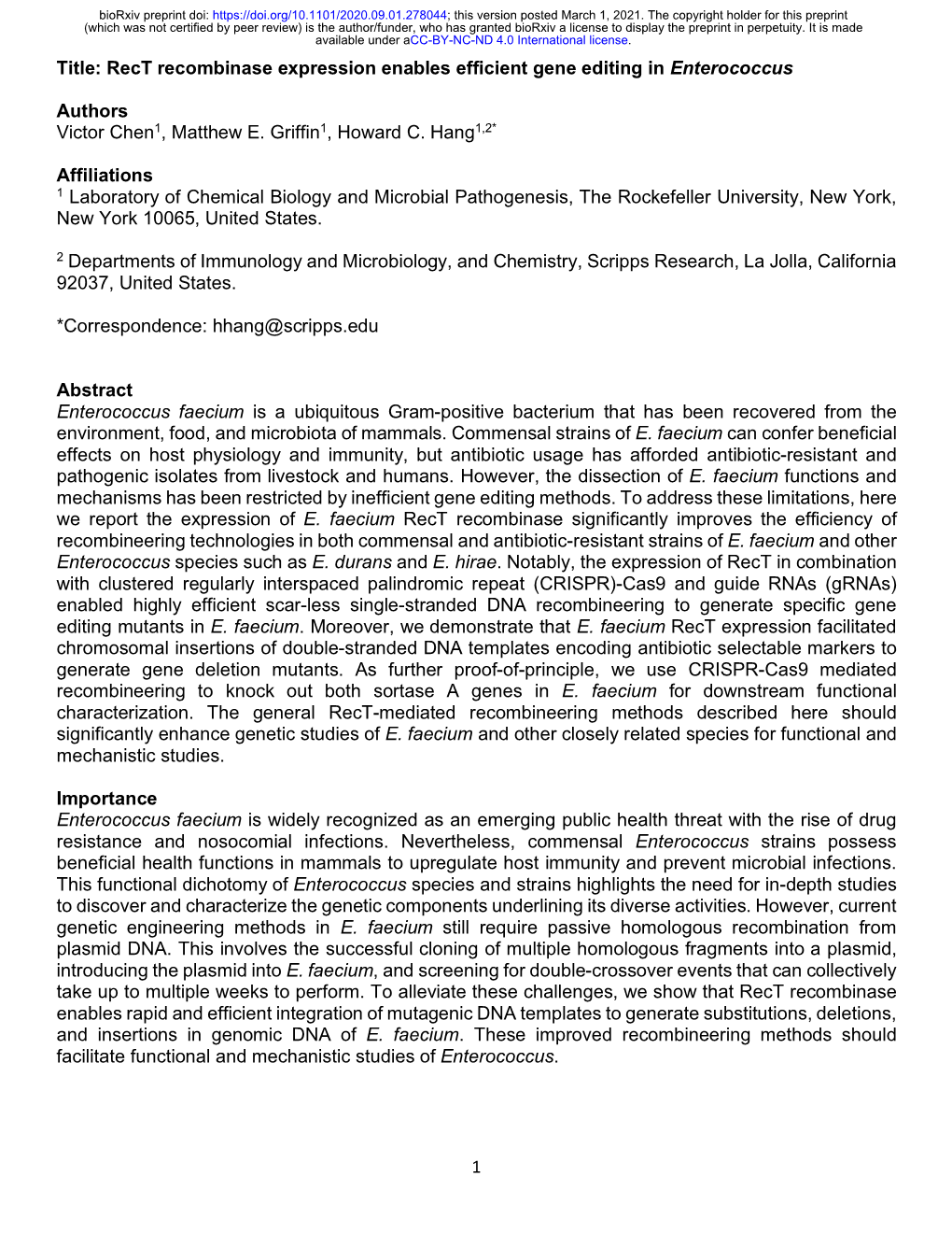 Rect Recombinase Expression Enables Efficient Gene Editing in Enterococcus