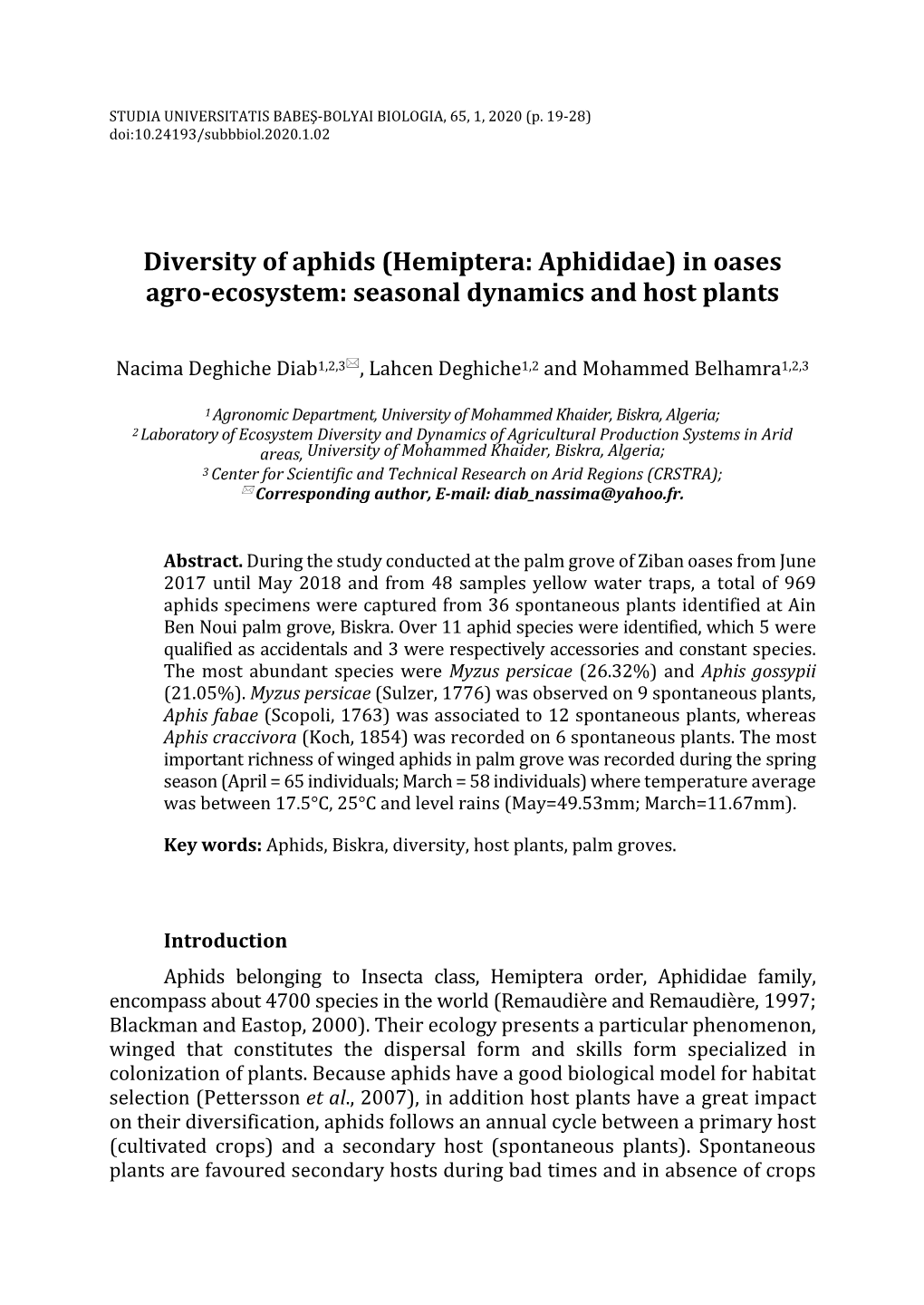 Diversity of Aphids (Hemiptera: Aphididae) in Oases Agro‐Ecosystem: Seasonal Dynamics and Host Plants