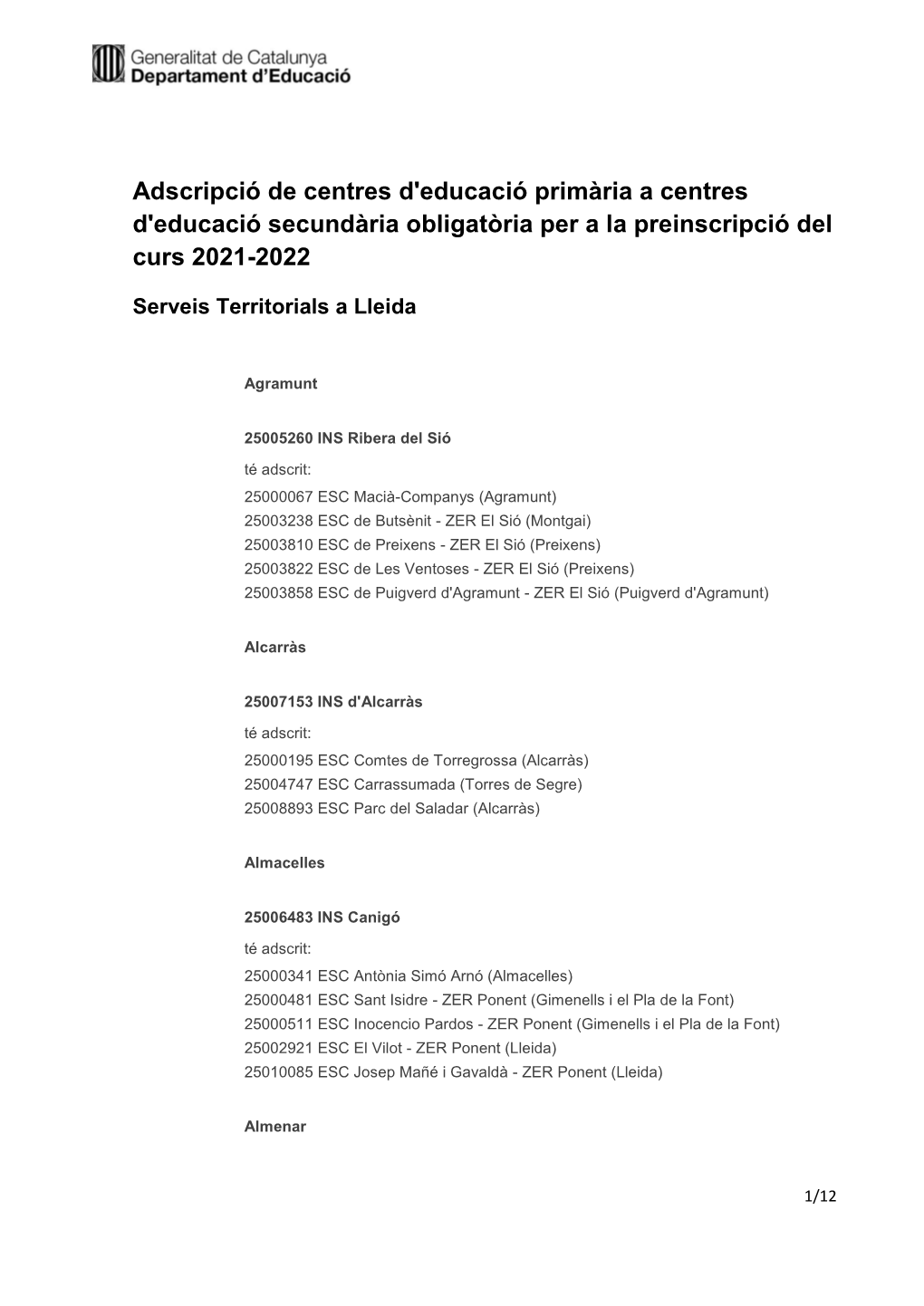 Adscripció De Centres D'educació Primària a Centres D'educació Secundària Obligatòria Per a La Preinscripció Del Curs 2021-2022