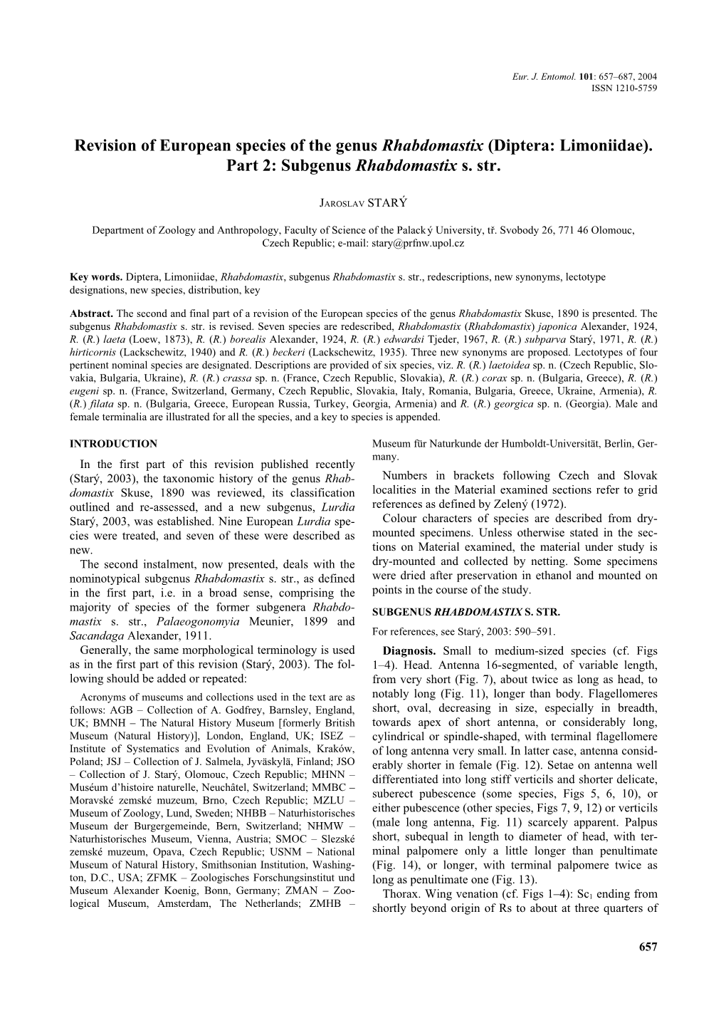 Revision of European Species of the Genus Rhabdomastix (Diptera: Limoniidae)