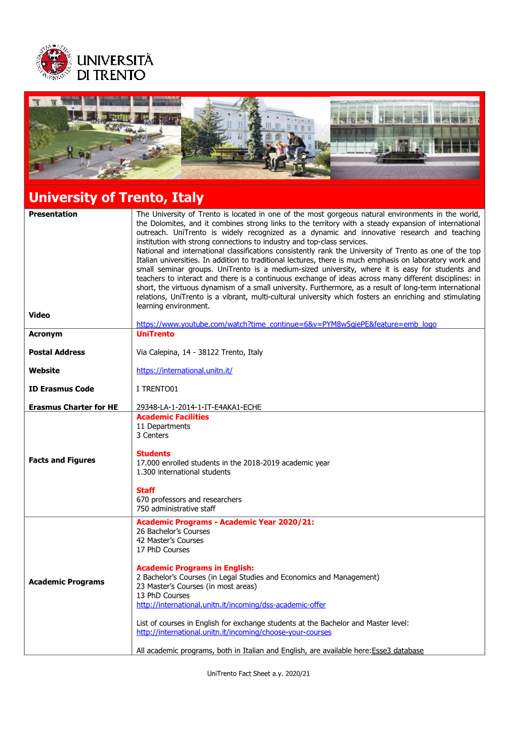 Trento Fact Sheet A.Y