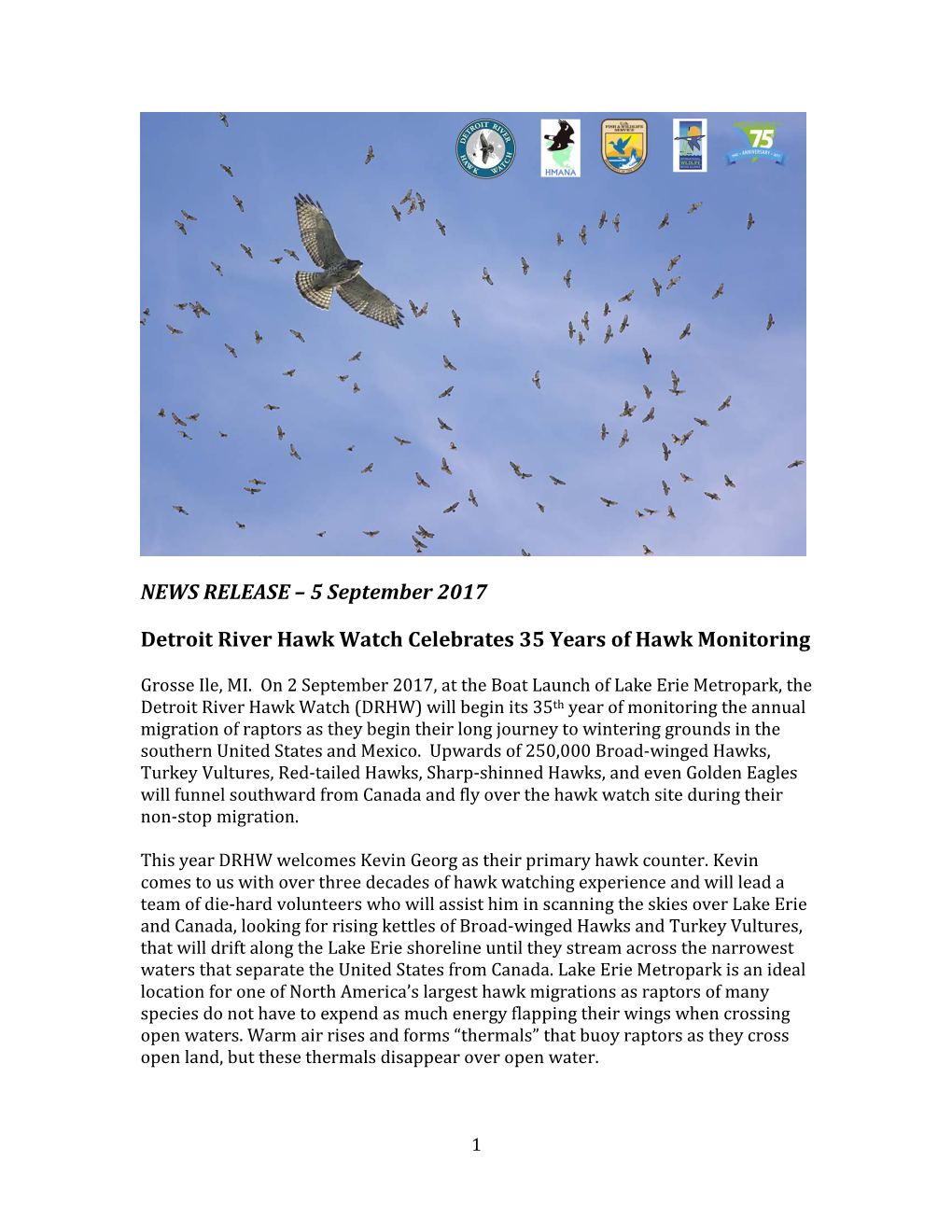 5 September 2017 Detroit River Hawk Watch Celebrates 35 Years Of