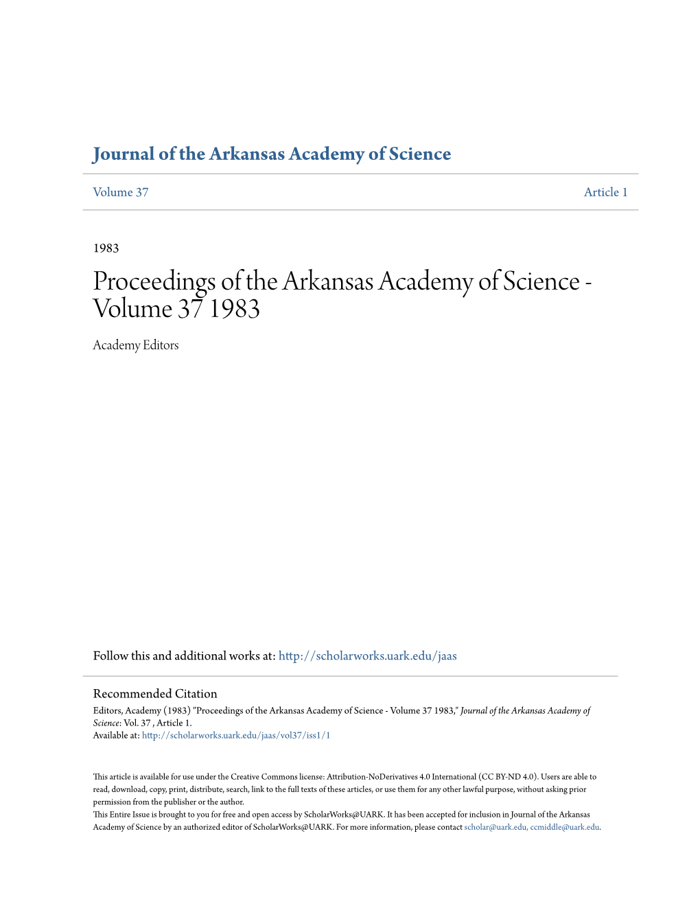 Proceedings of the Arkansas Academy of Science - Volume 37 1983 Academy Editors