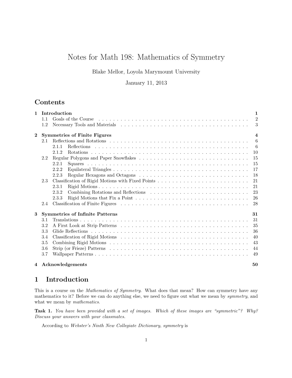 Notes for Math 198: Mathematics of Symmetry