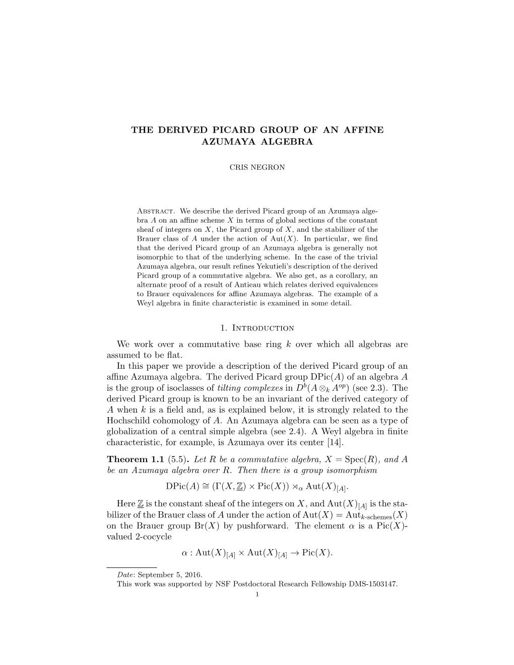 The Derived Picard Group of an Affine Azumaya Algebra 1