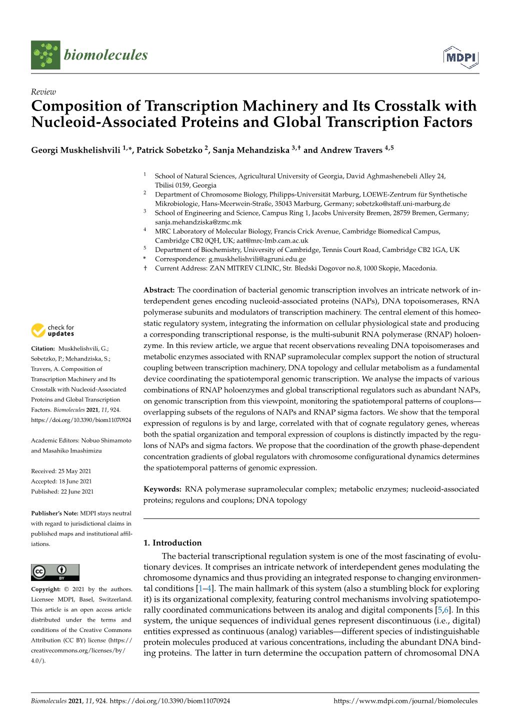 Composition of Transcription Machinery and Its Crosstalk with Nucleoid-Associated Proteins and Global Transcription Factors