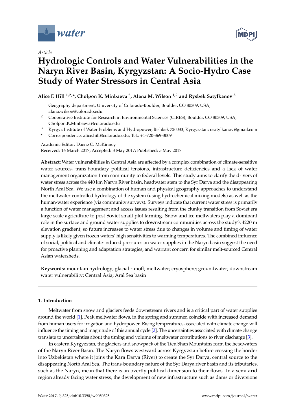 Hydrologic Controls and Water Vulnerabilities in the Naryn River Basin, Kyrgyzstan: a Socio-Hydro Case Study of Water Stressors in Central Asia