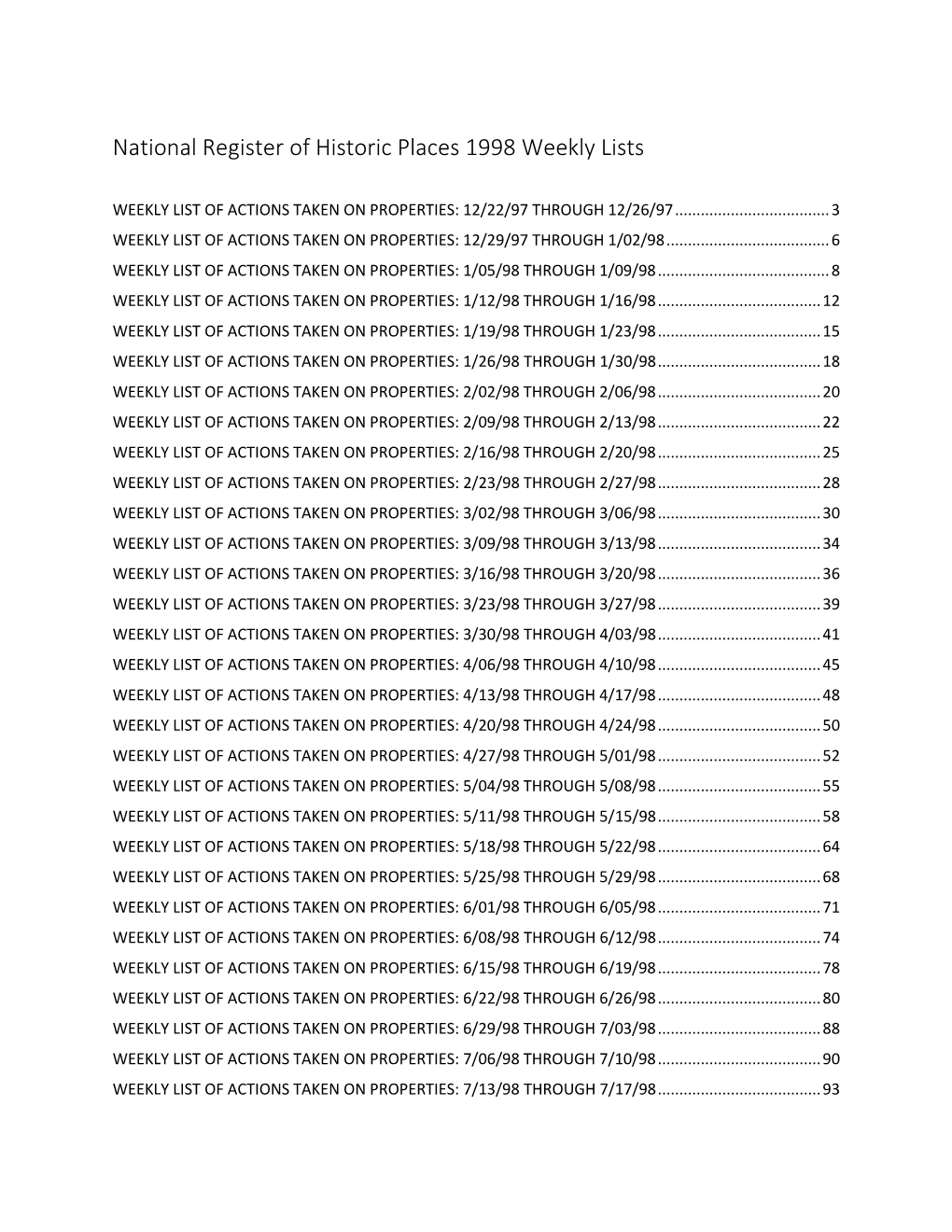 National Register of Historic Places Weekly Lists for 1998