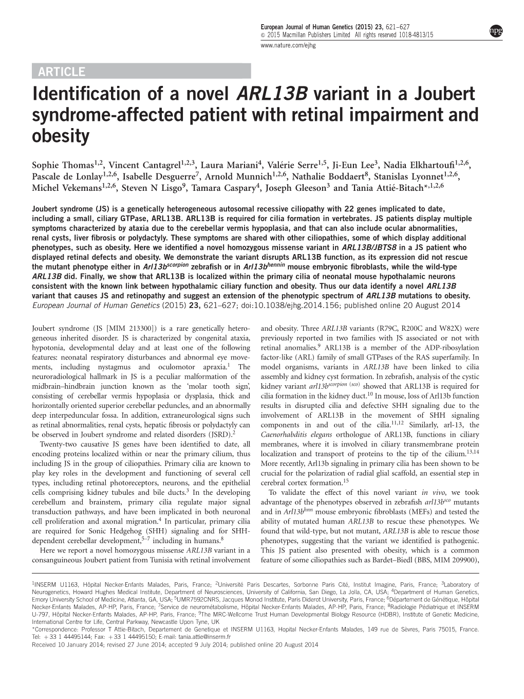 Identification of a Novel ARL13B Variant in a Joubert Syndrome