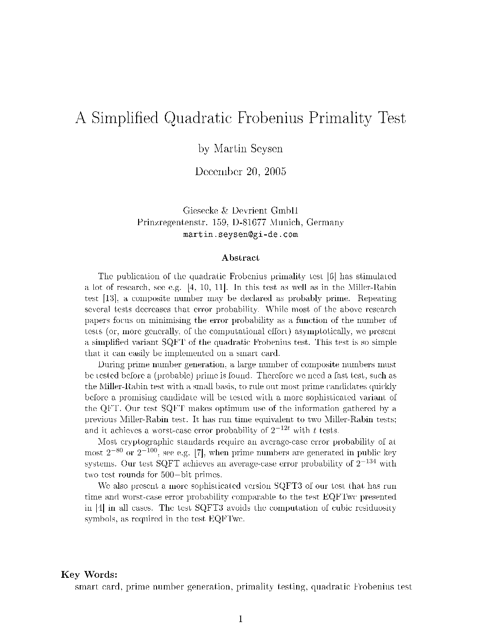 A Simpli Ed Quadratic Frobenius Primality Test