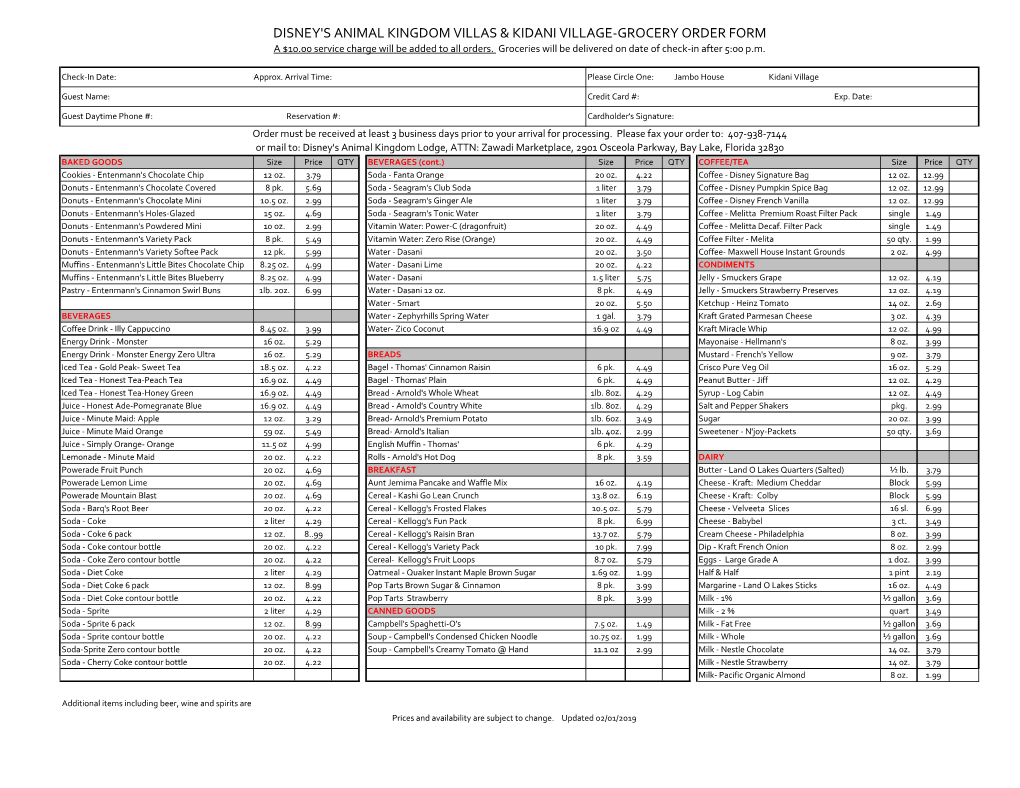 DAKL Villas and Kidani Grocery List