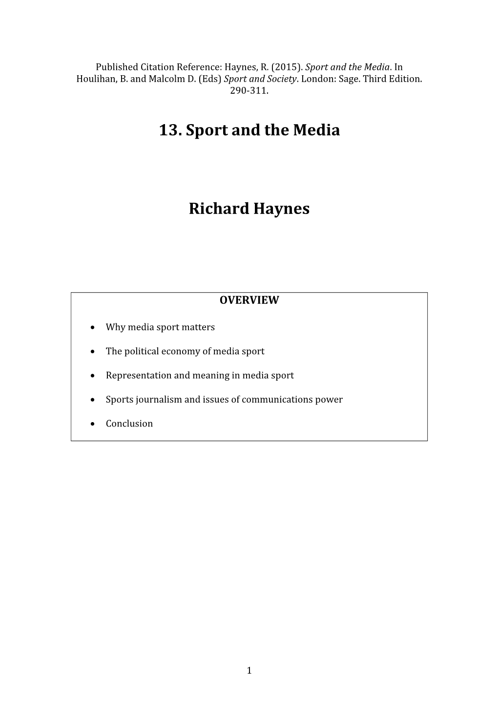 13. Sport and the Media Richard Haynes