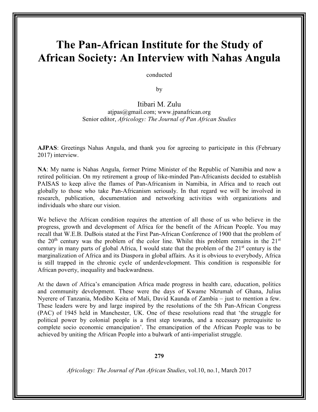 The Pan-African Institute for the Study of African Society: an Interview with Nahas Angula