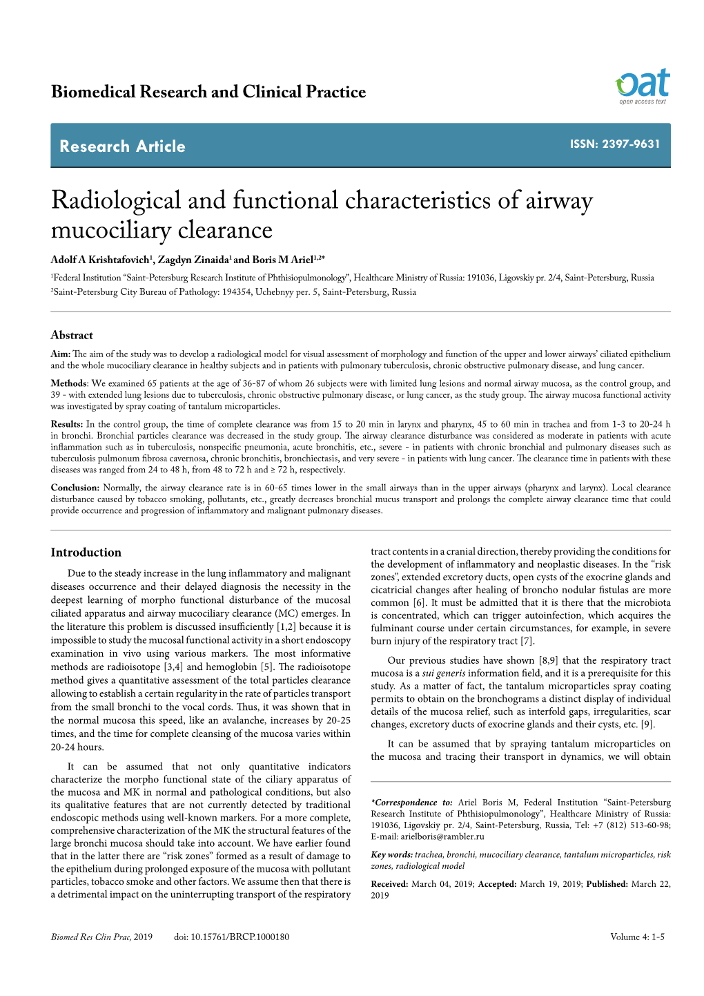 Radiological and Functional Characteristics of Airway Mucociliary Clearance