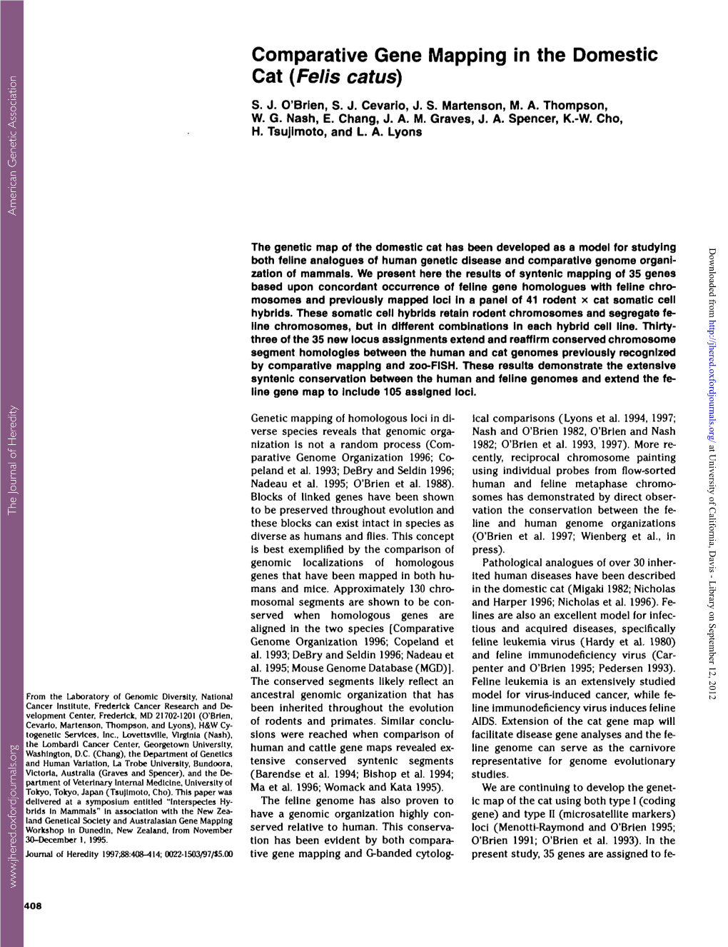 Comparative Gene Mapping in the Domestic Cat (Felis Catus)