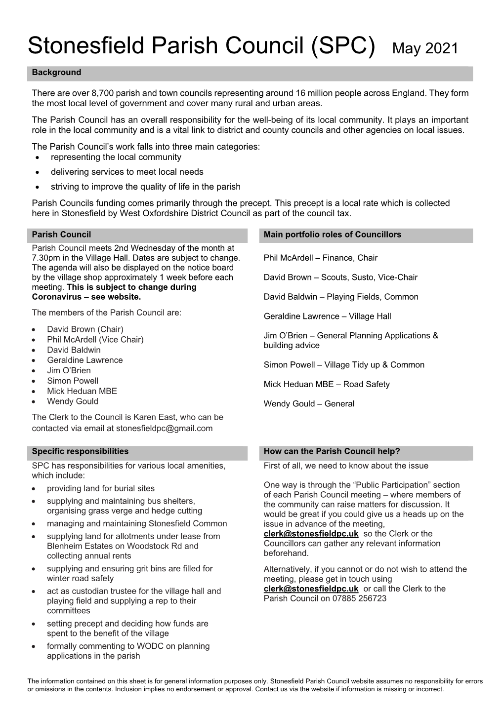 Stonesfield Parish Council (SPC) May 2021