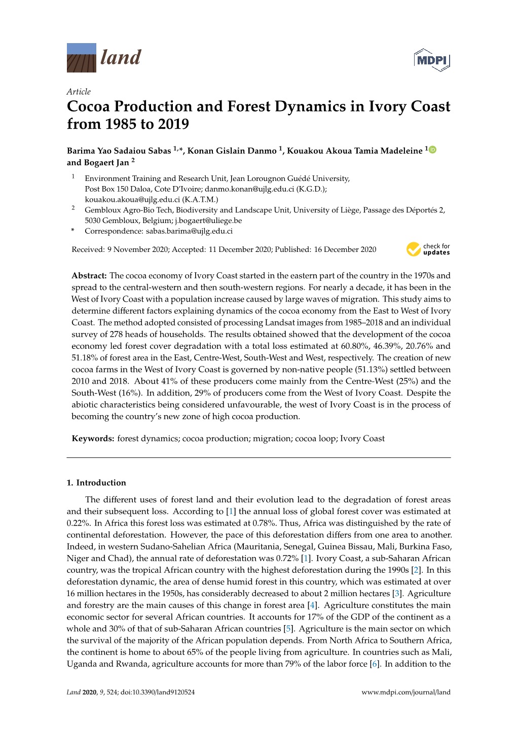 Cocoa Production and Forest Dynamics in Ivory Coast from 1985 to 2019