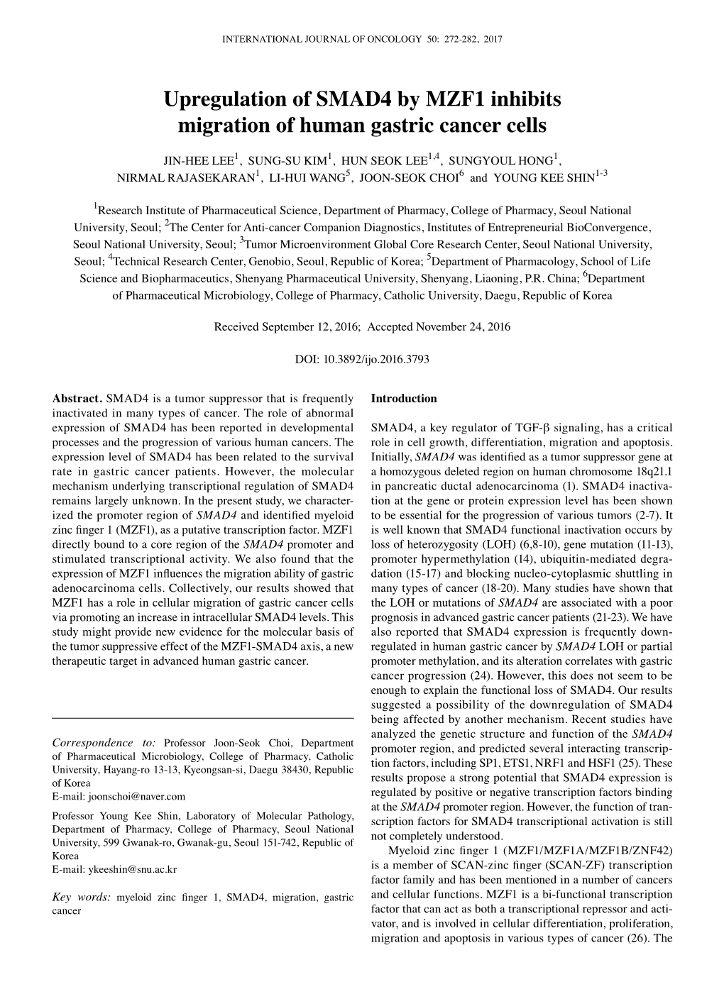 Upregulation of SMAD4 by MZF1 Inhibits Migration of Human Gastric Cancer Cells