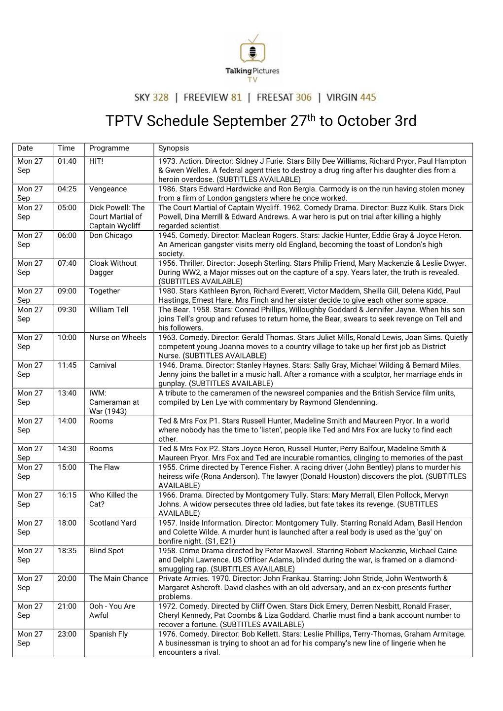 TPTV Schedule September 27Th to October 3Rd