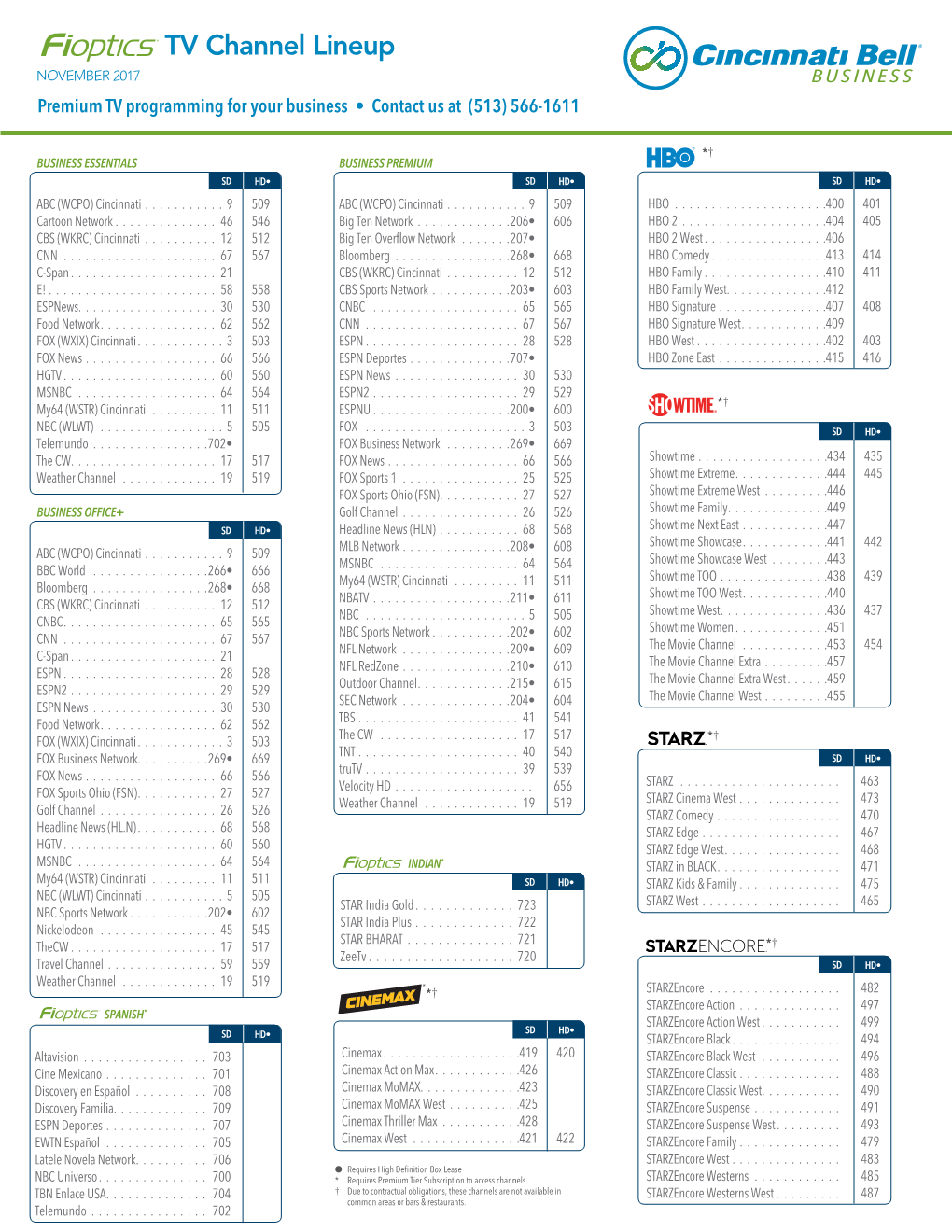 TV Channel Lineup NOVEMBER 2017 Premium TV Programming for Your Business • Contact Us at (513) 566-1611