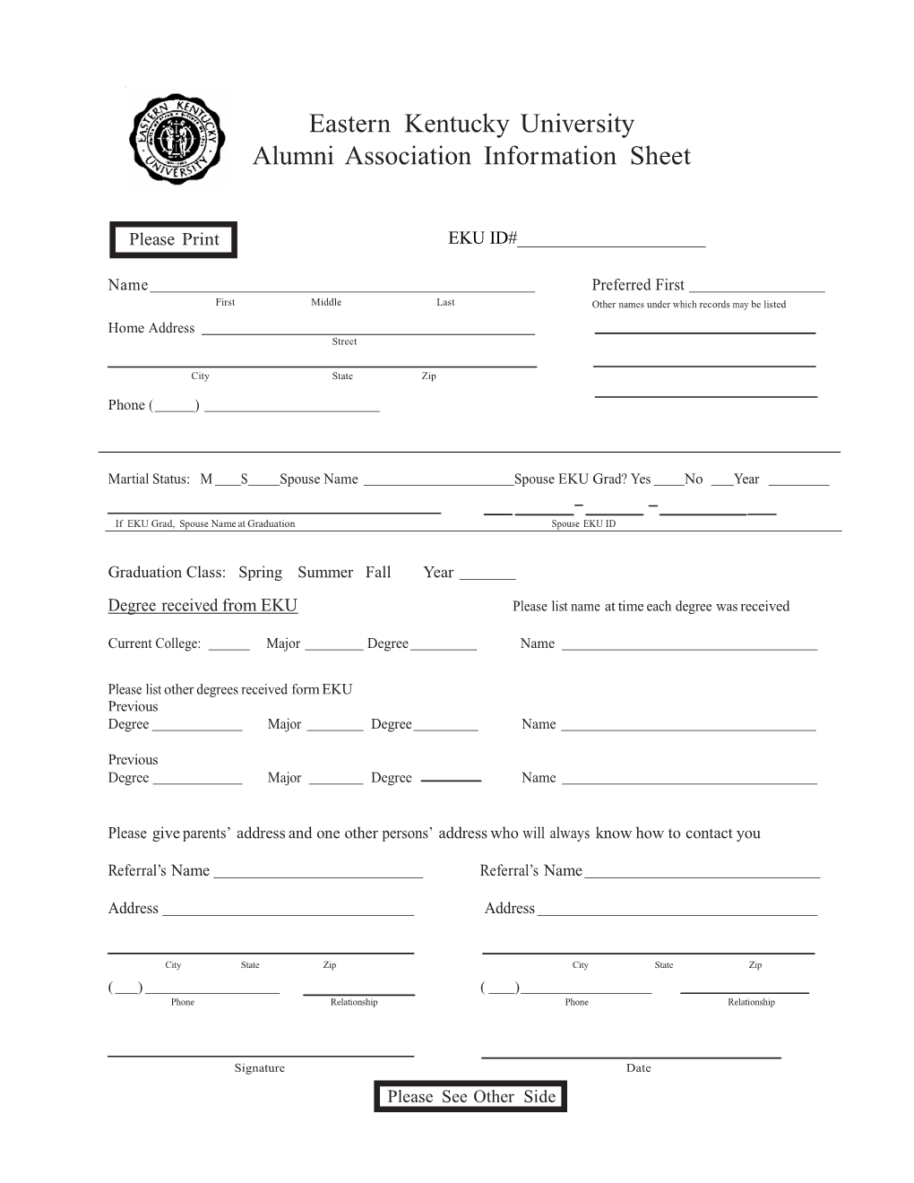 Eastern Kentucky University Alumni Association Information Sheet