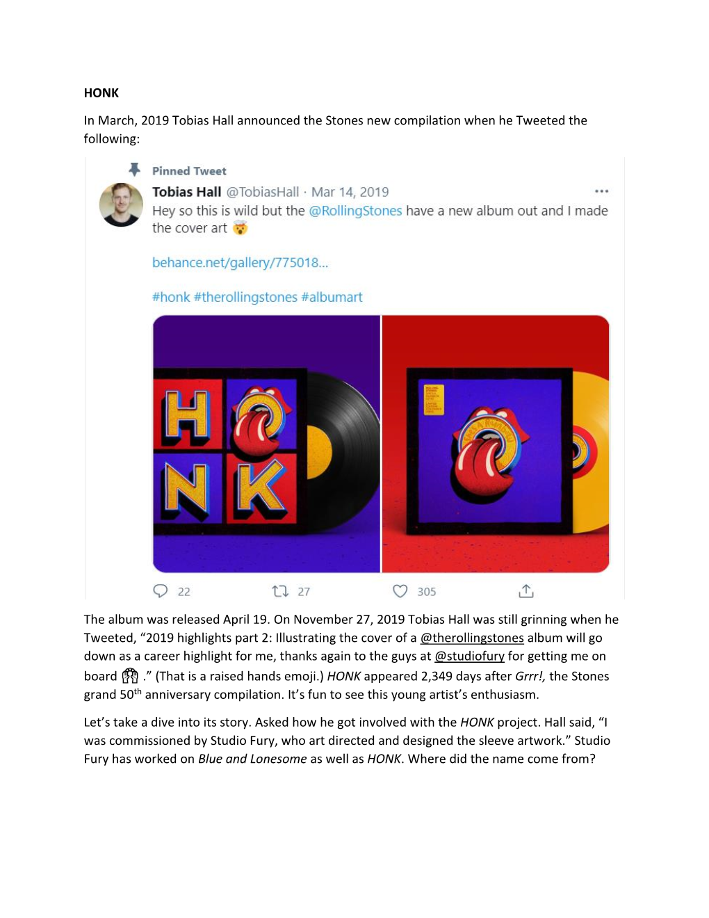 HONK in March, 2019 Tobias Hall Announced the Stones New Compilation When He Tweeted the Following