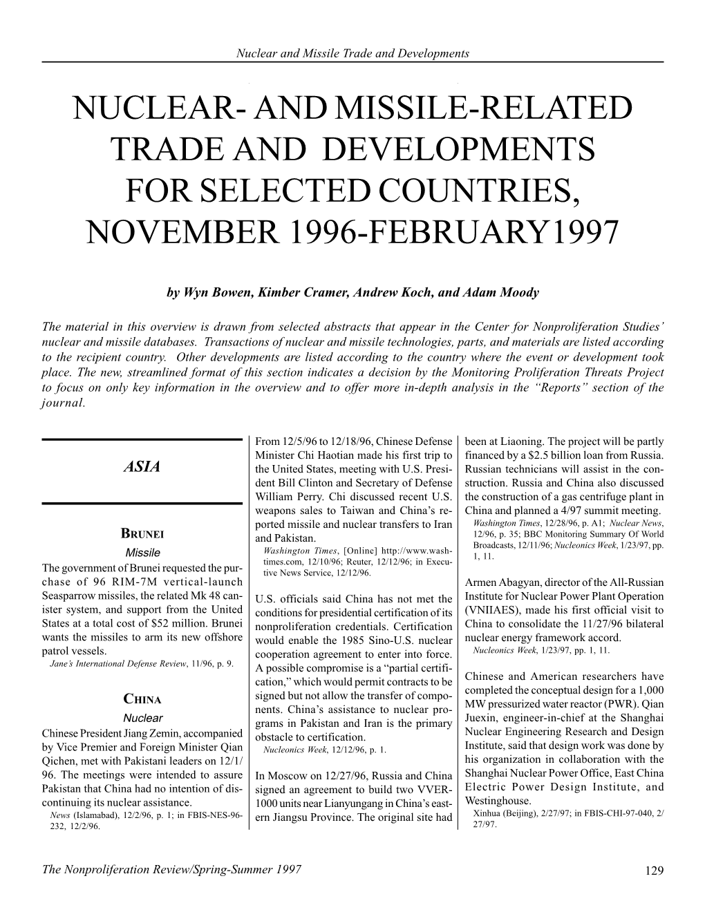 Npr 4.3: Nuclear- and Missile-Related Trade and Developments for Selected Countries, November 1996-February1997