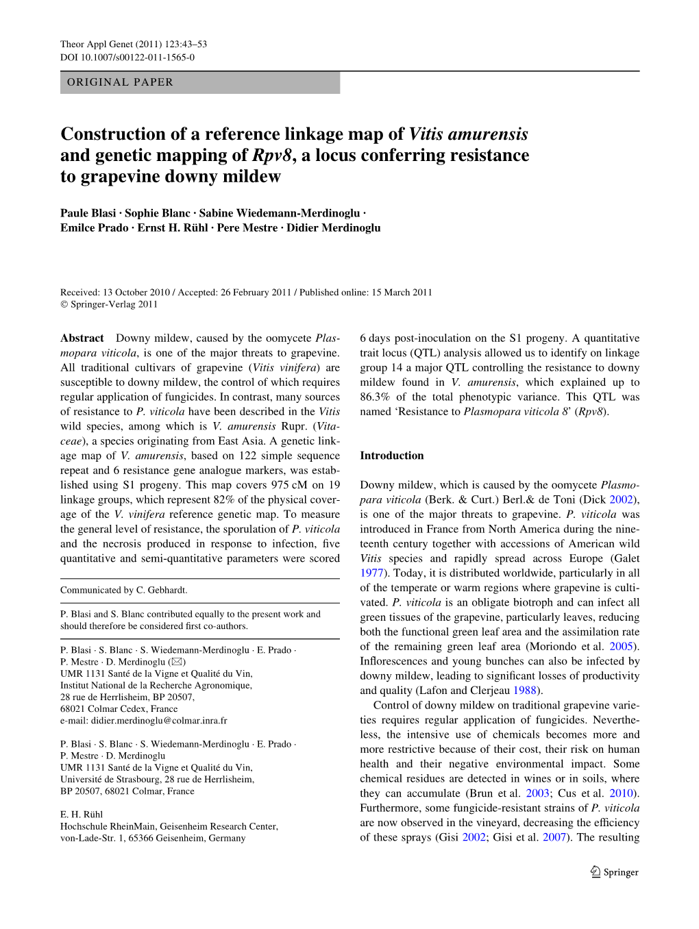 Construction of a Reference Linkage Map of Vitis Amurensis and Genetic Mapping of Rpv8, a Locus Conferring Resistance to Grapevine Downy Mildew