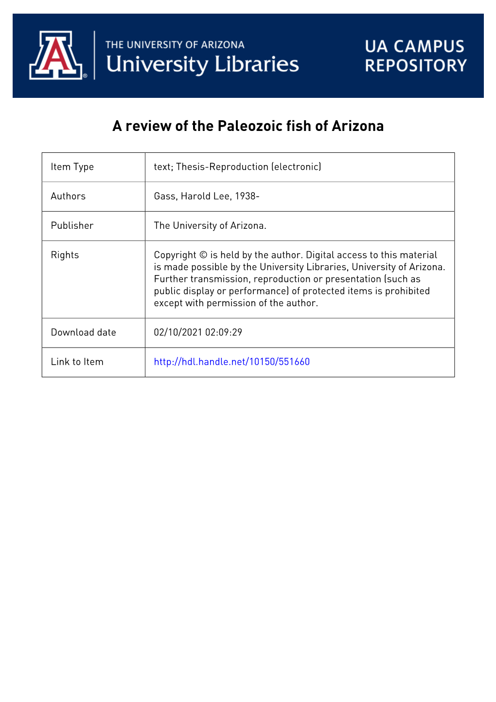 A REVIEW of the PALEOZOIC FISH of ARIZONA by Harold L. Gass A