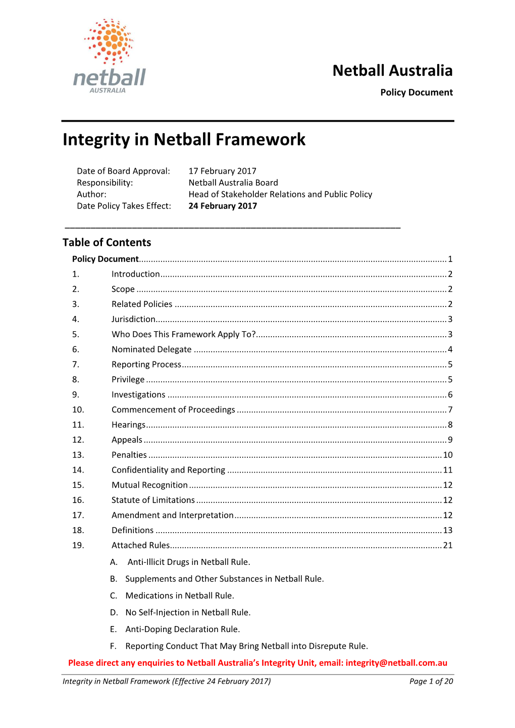 Integrity in Netball Framework