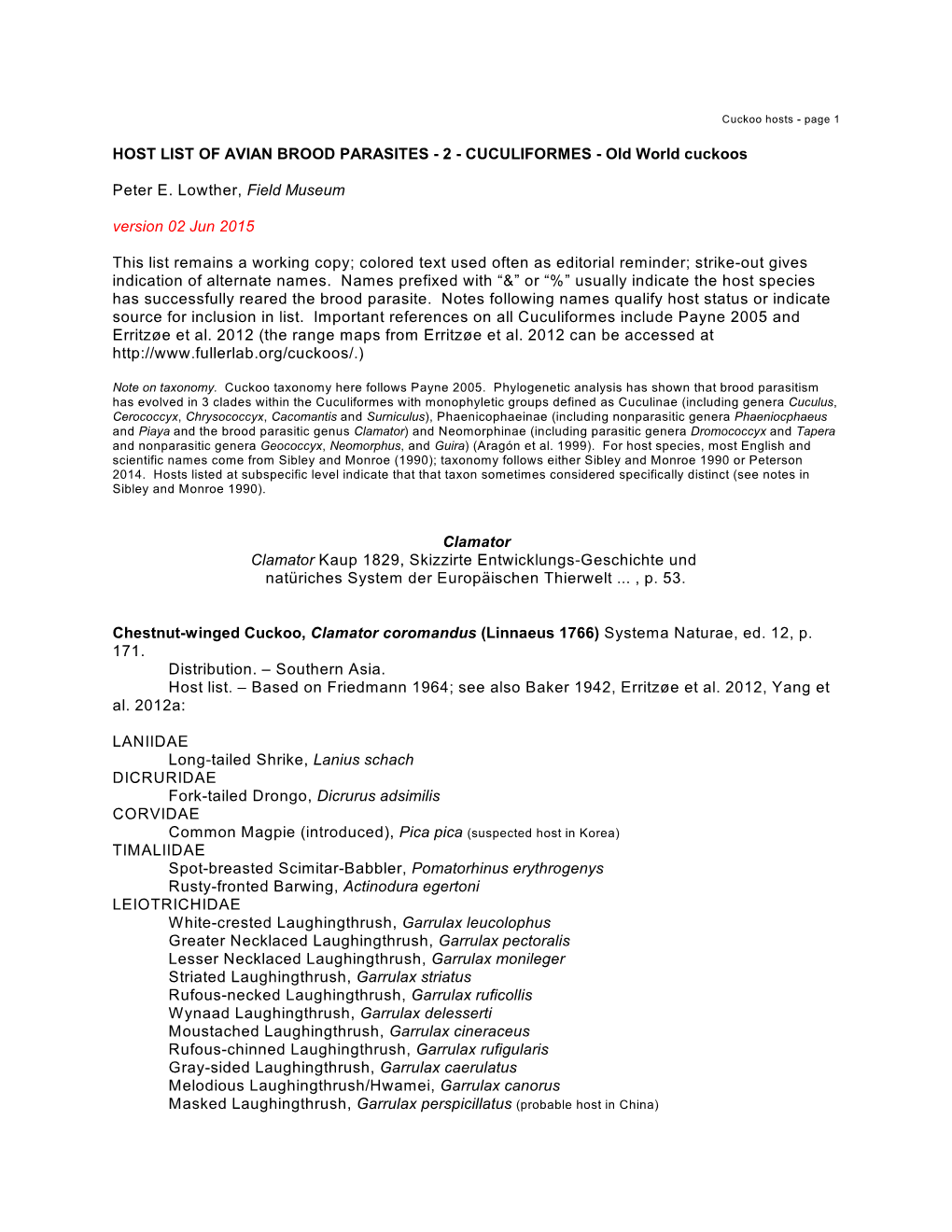 HOST LIST of AVIAN BROOD PARASITES - 2 - CUCULIFORMES - Old World Cuckoos