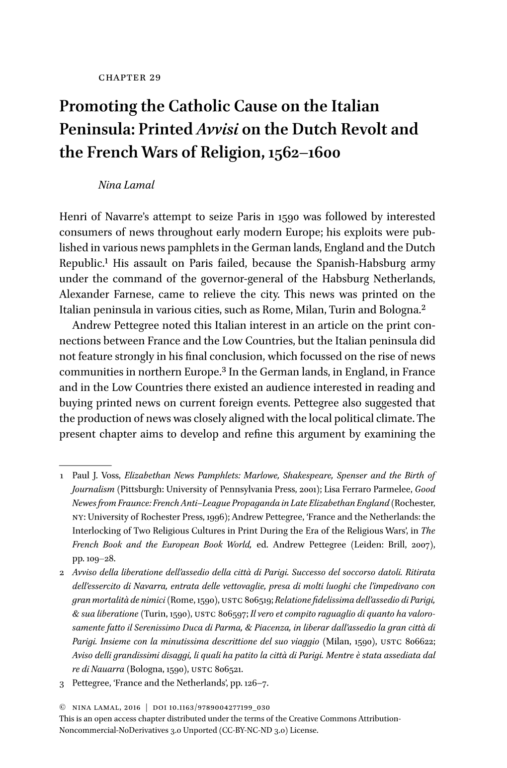 Promoting the Catholic Cause on the Italian Peninsula: Printed Avvisi on the Dutch Revolt and the French Wars of Religion, 1562–1600