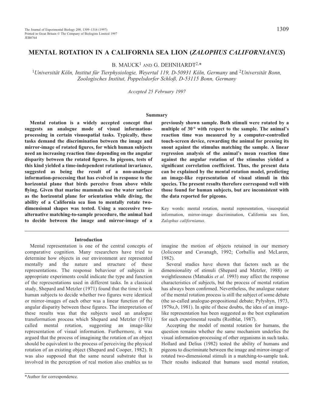 Mental Rotation in a California Sea Lion (Zalophus Californianus)