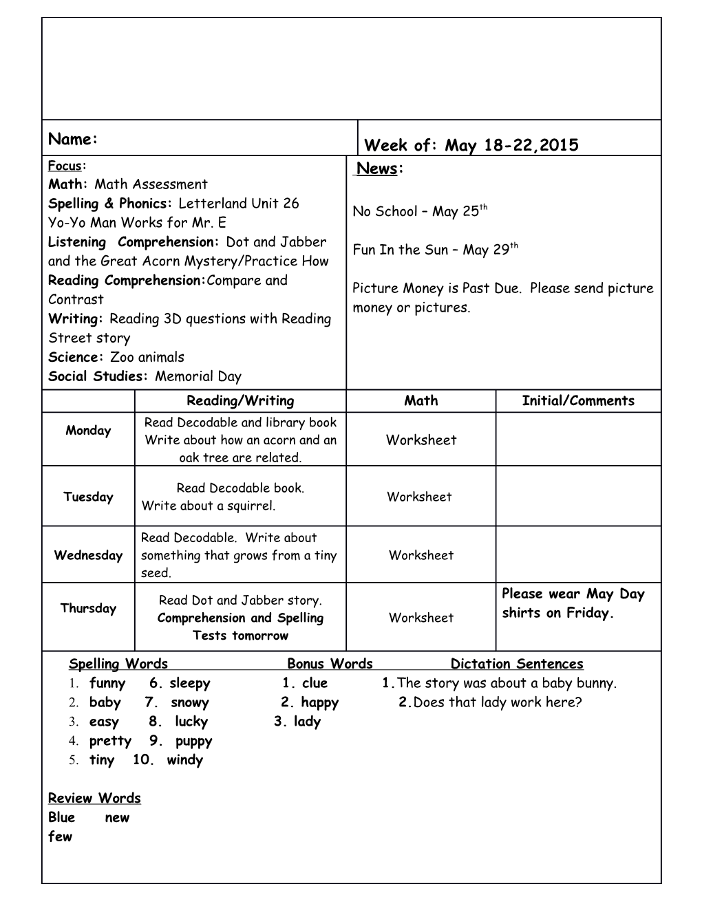 Focus: Math: Math Assessment Spelling & Phonics: Letterland Unit 26 Yo-Yo Man Works For