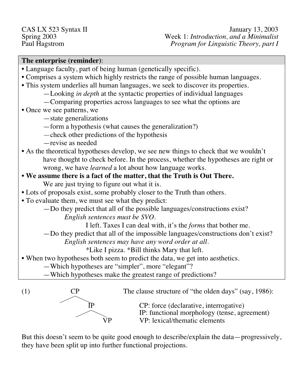 Introduction, Minimalist Program Part I