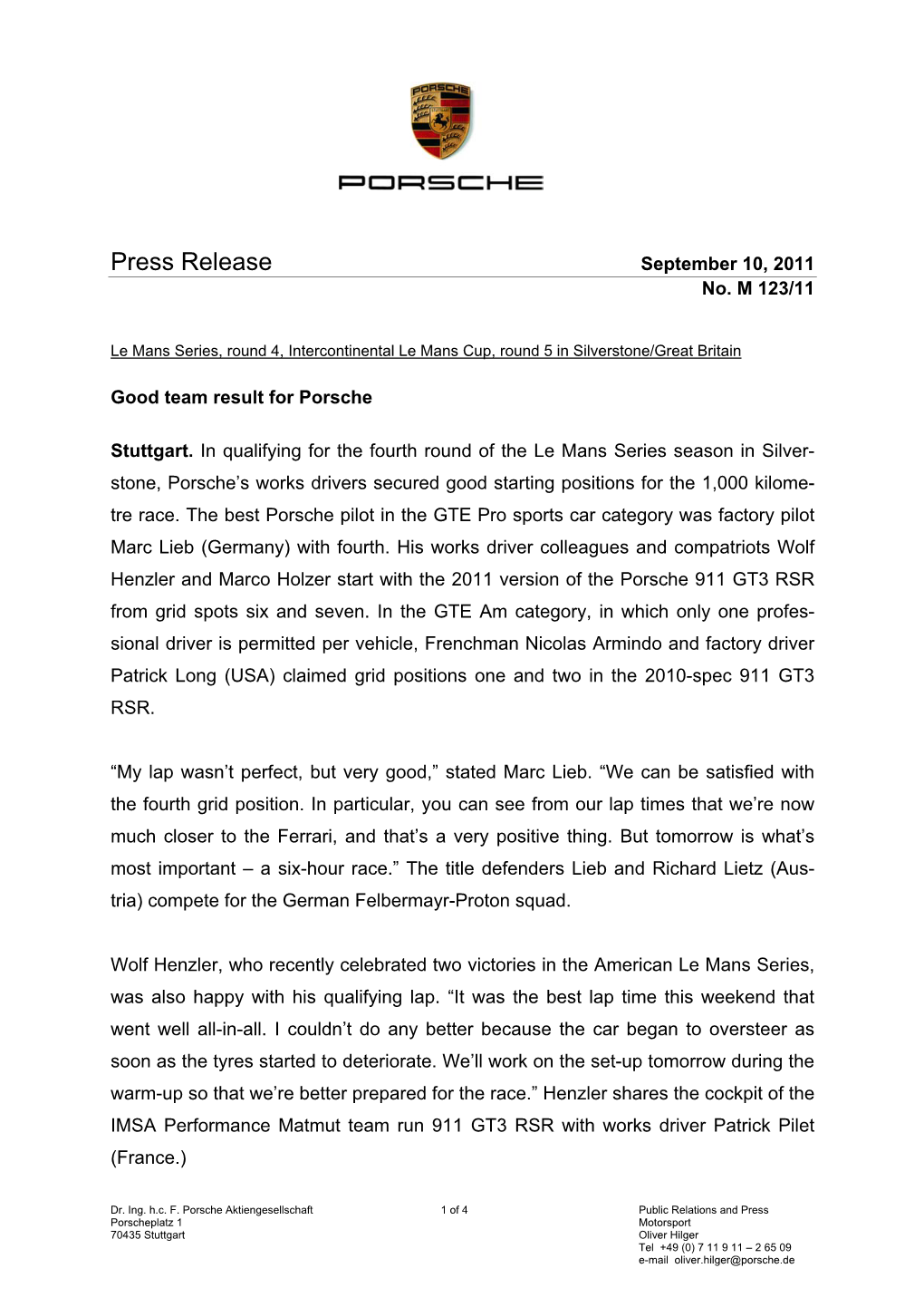 Press Release September 10, 2011 No