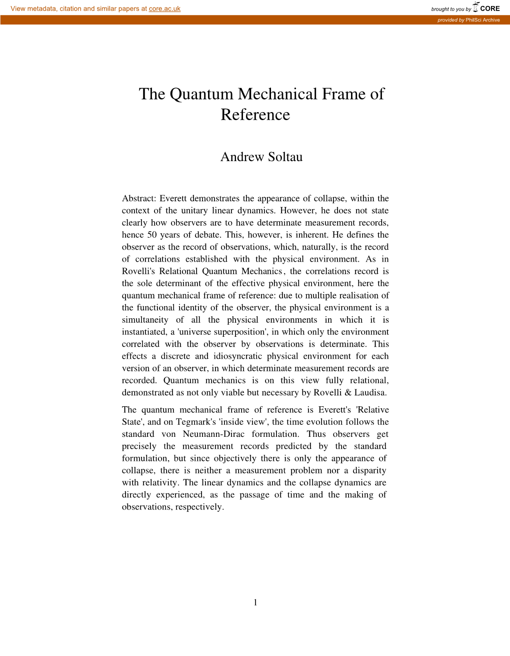 The Quantum Mechanical Frame of Reference