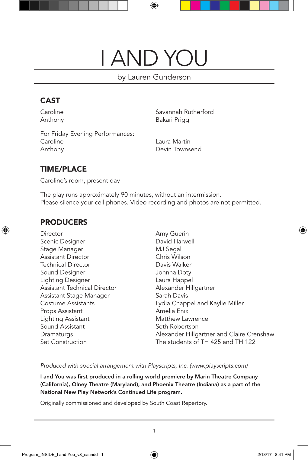 "I and You" Theatre Program